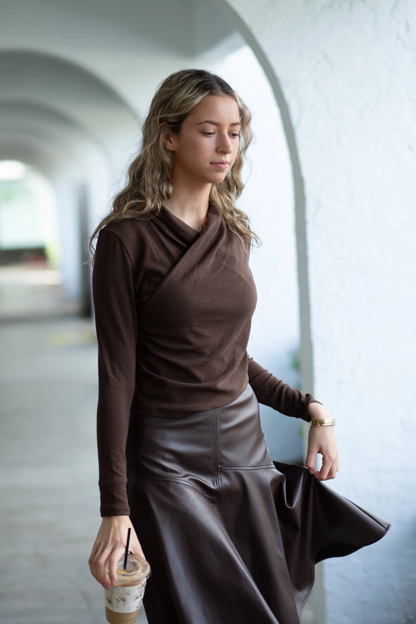 Drop Hem Leather Skirt- Chocolate - Image 3