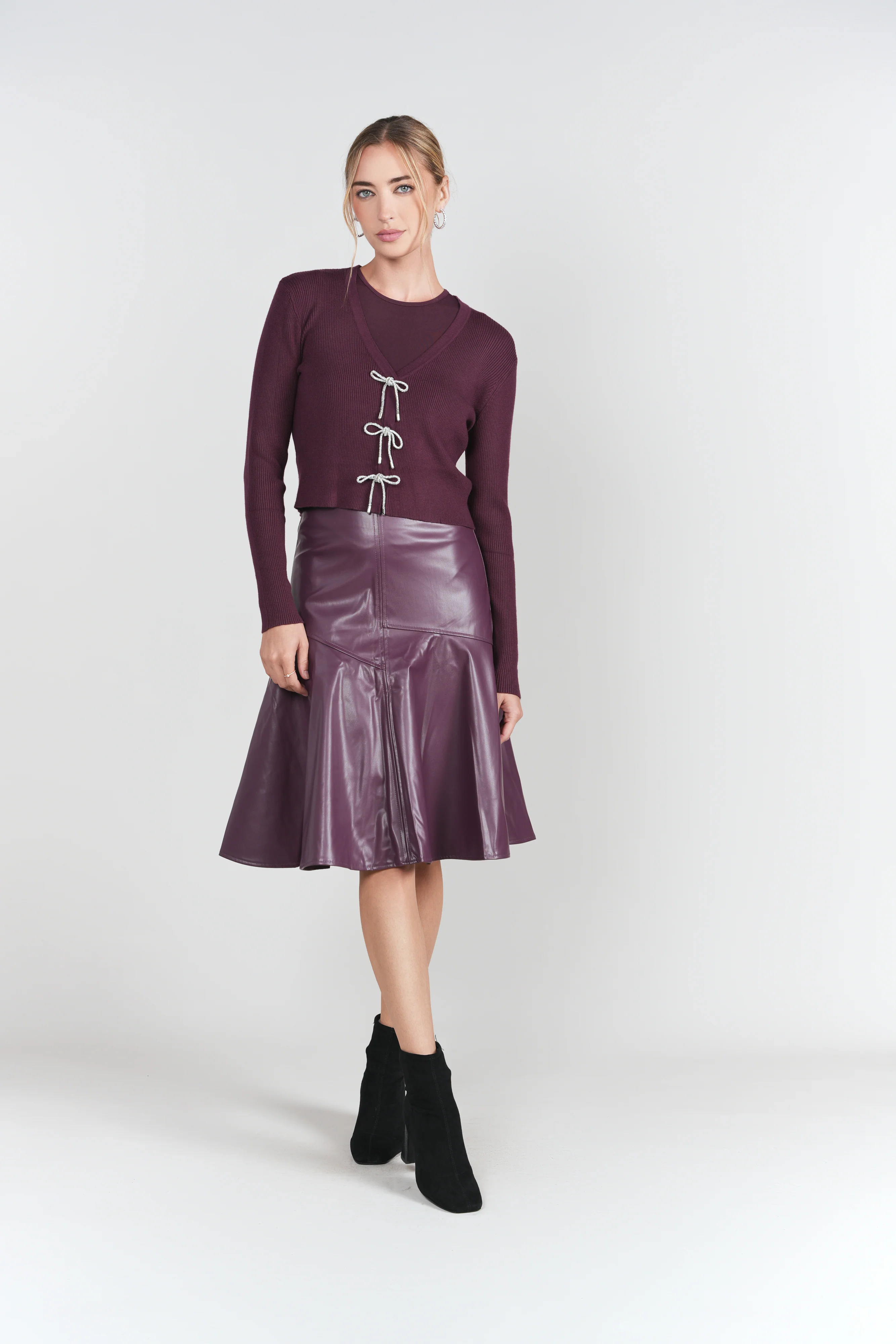 Drop Hem Leather Skirt- Eggplant - Image 3