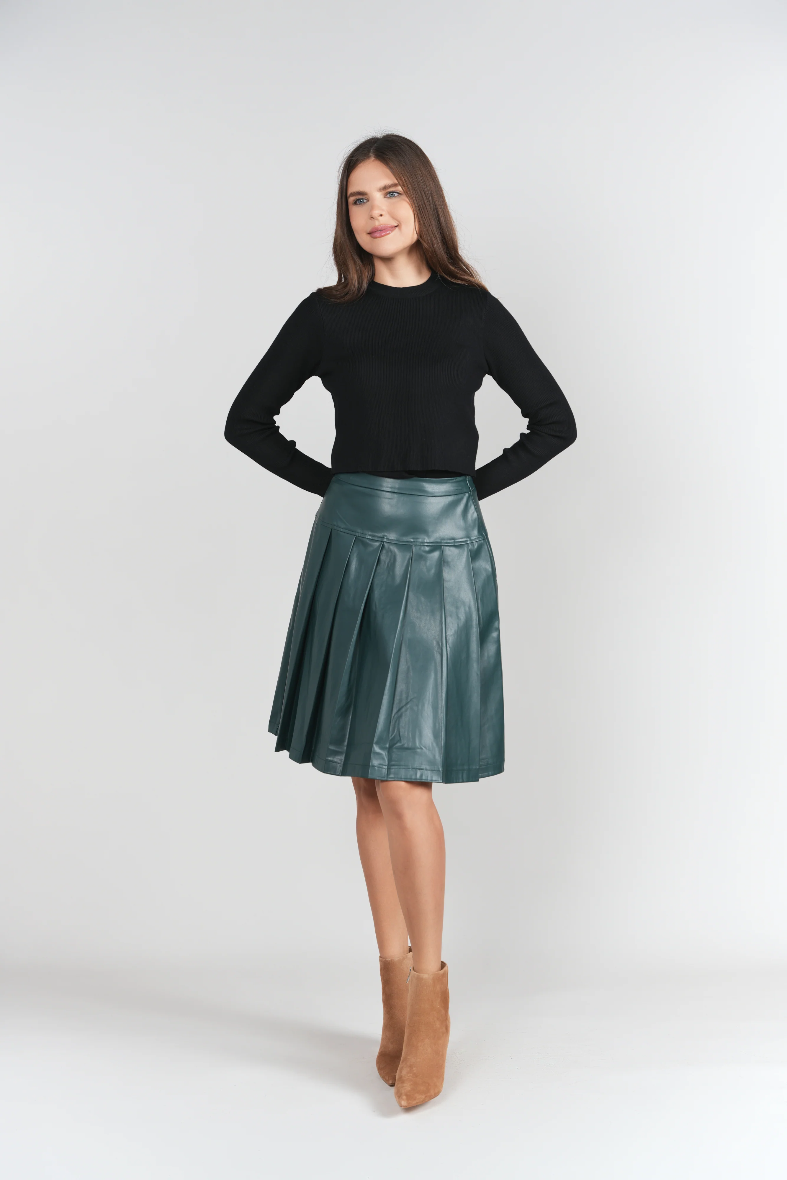 Drop Waist Leather Pleated Skirt- Pine - Image 2