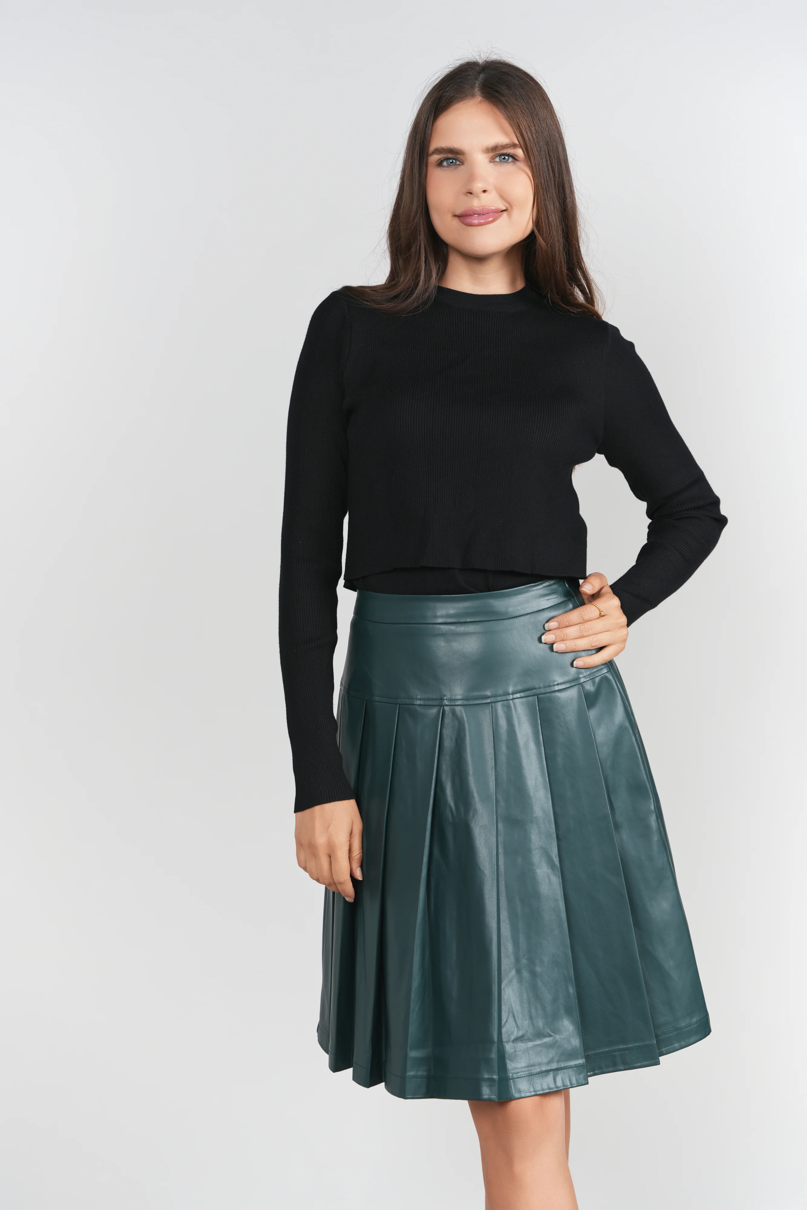 Drop Waist Leather Pleated Skirt- Pine - Image 3