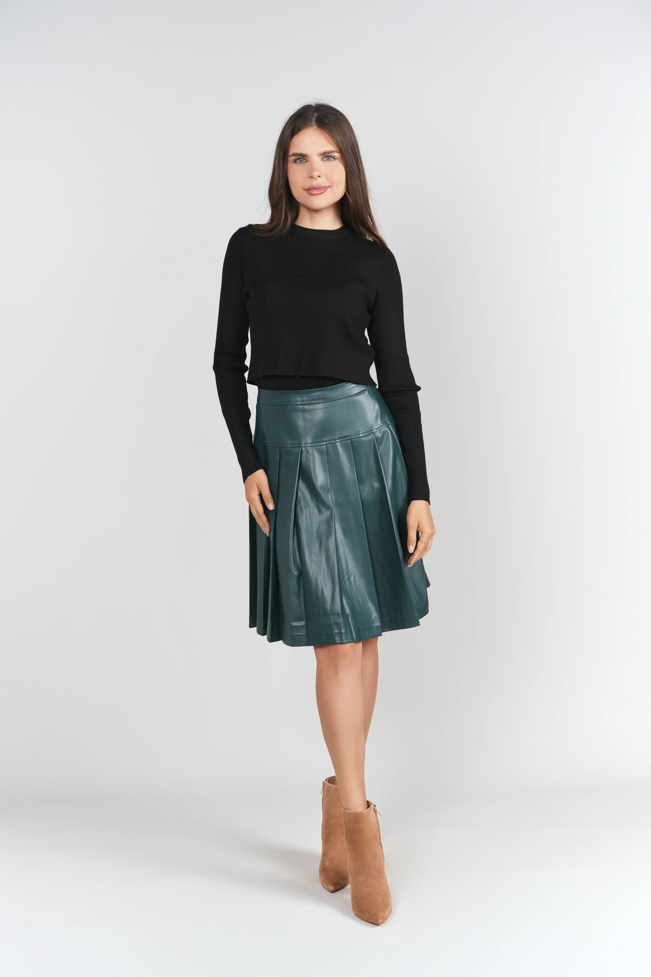 Drop Waist Leather Pleated Skirt- Pine - Image 4