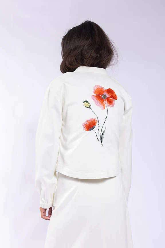 Embroidered Back Denim Jacket- Cream