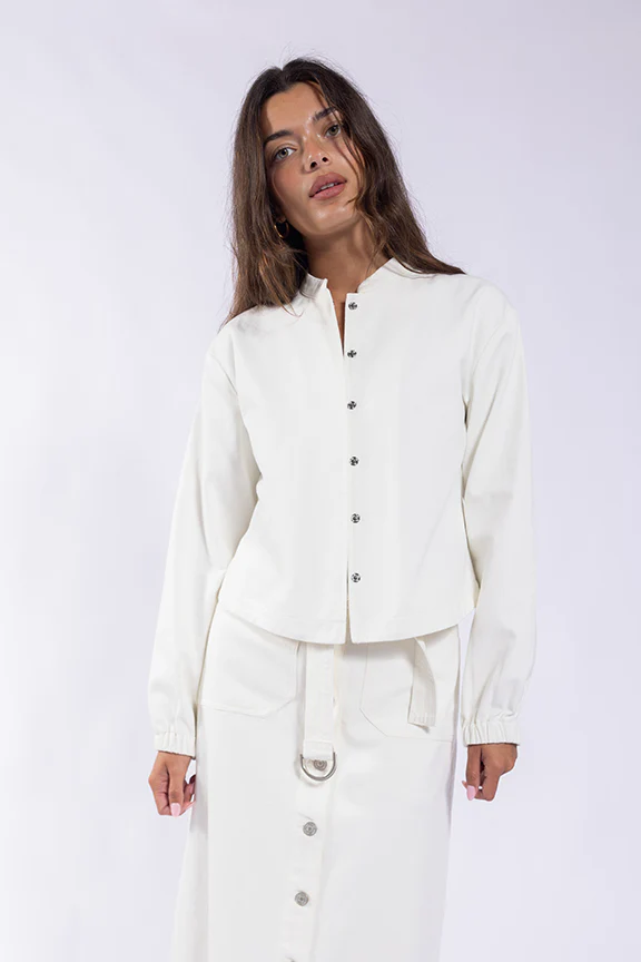 Embroidered Back Denim Jacket- Cream - Image 2