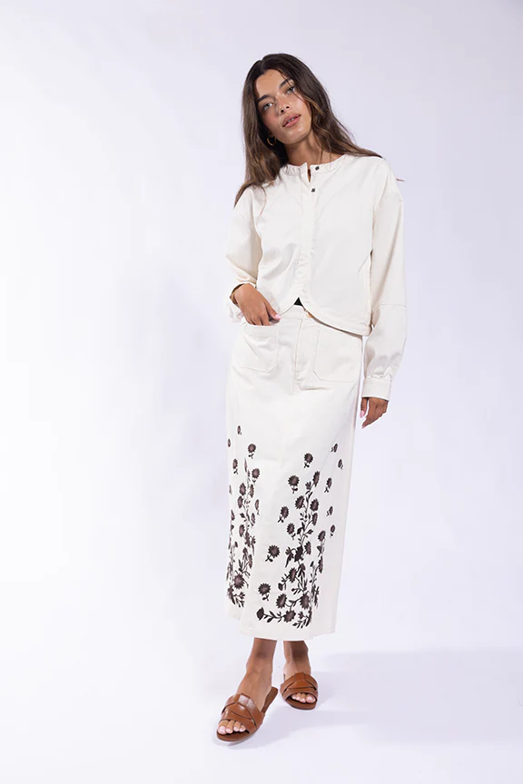 Embroidered Denim Skirt- Cream