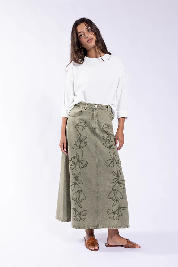 Embroidered Doodle Skirt- Olive
