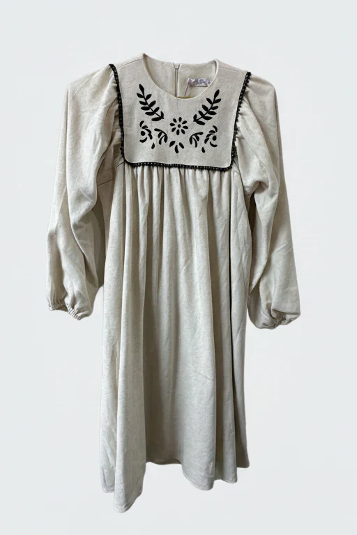 Embroidered Floral Bib Detail Dress- Oatmeal