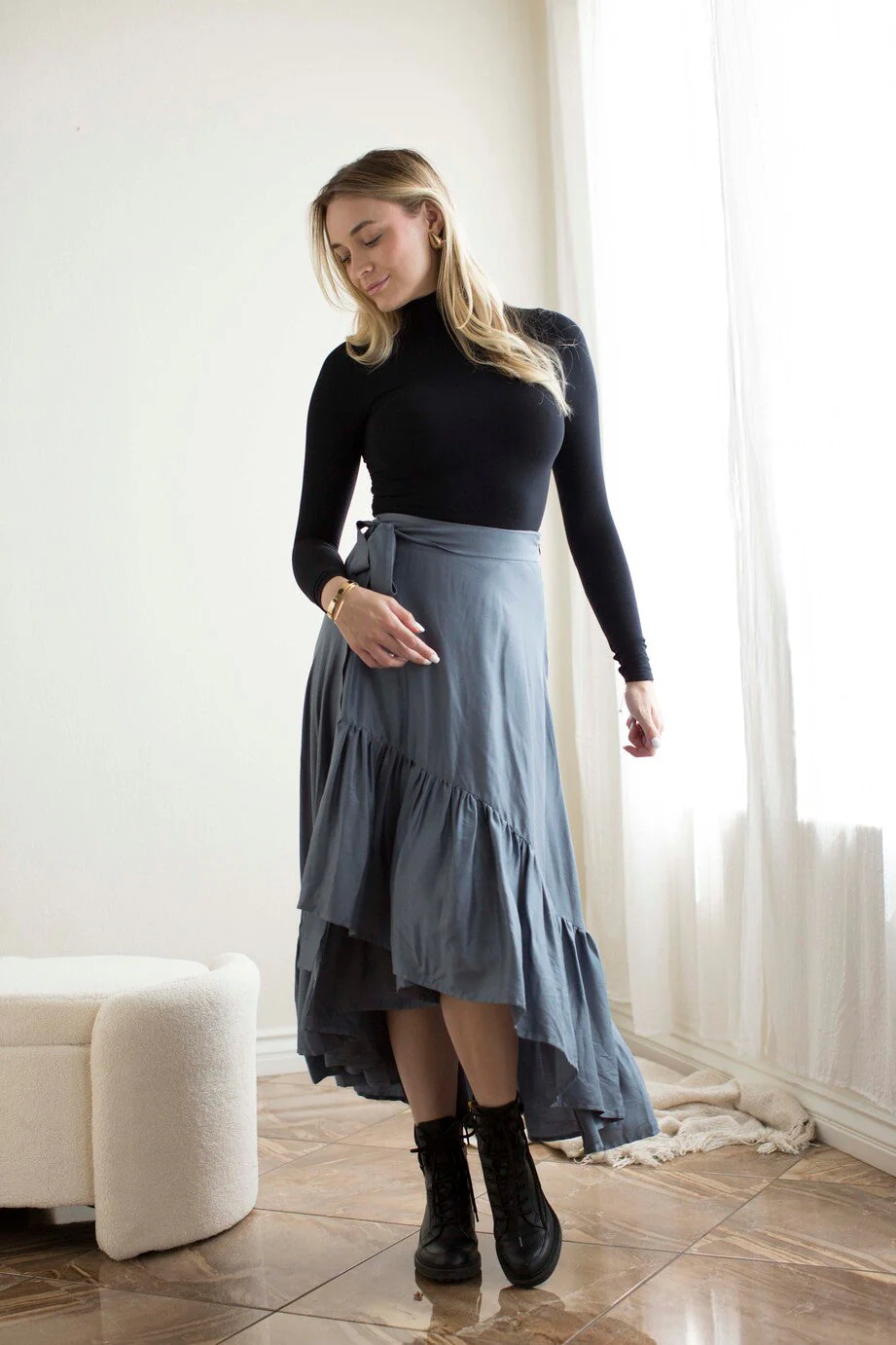 Faux Wrap Hi Lo Skirt- Slate- FINAL SALE - Image 3
