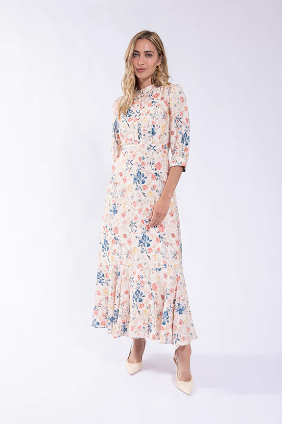 Flair Bottom Button Front Dress- Pink/Blue Floral