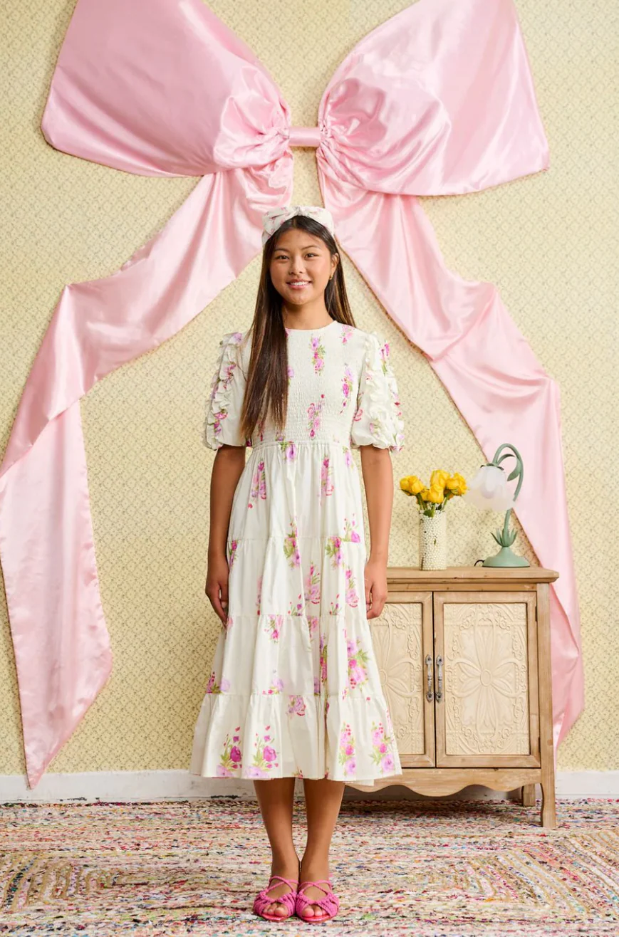 Floral Print Dress with Shirred Bodice and Ruffled Sleeves
