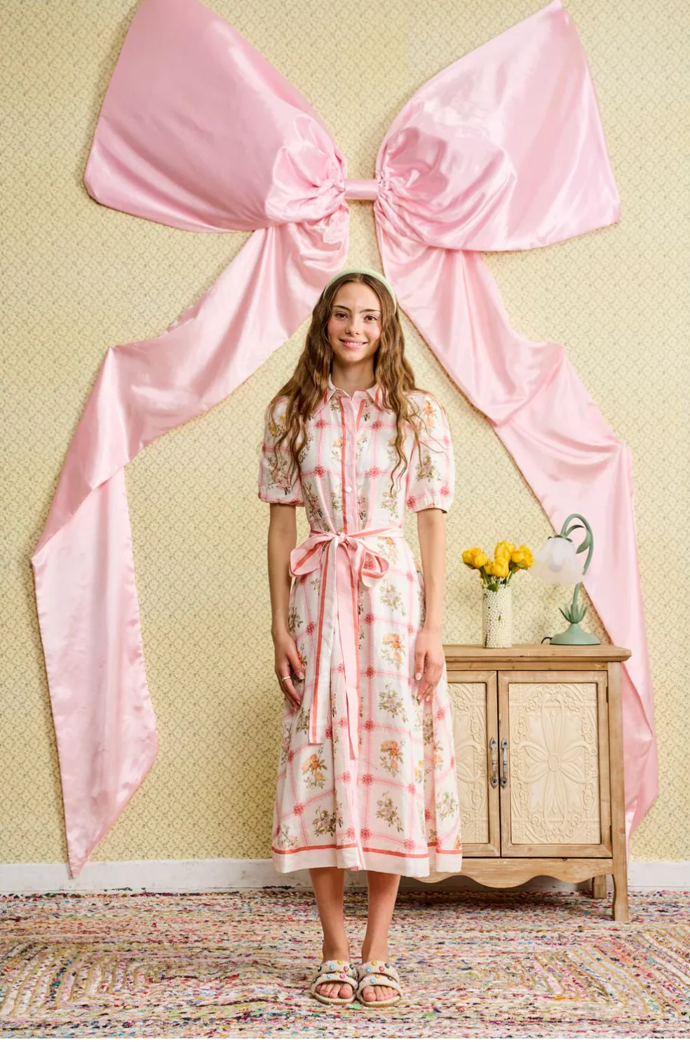 Floral Printed Dress with Striped Combo Belt and Border