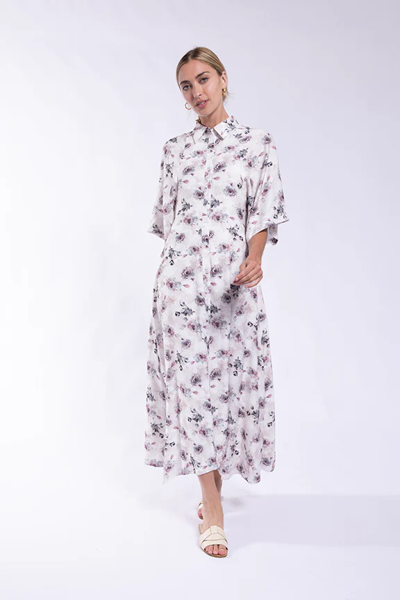Floral Raglan Sleeve Shirtdress- Multi Floral