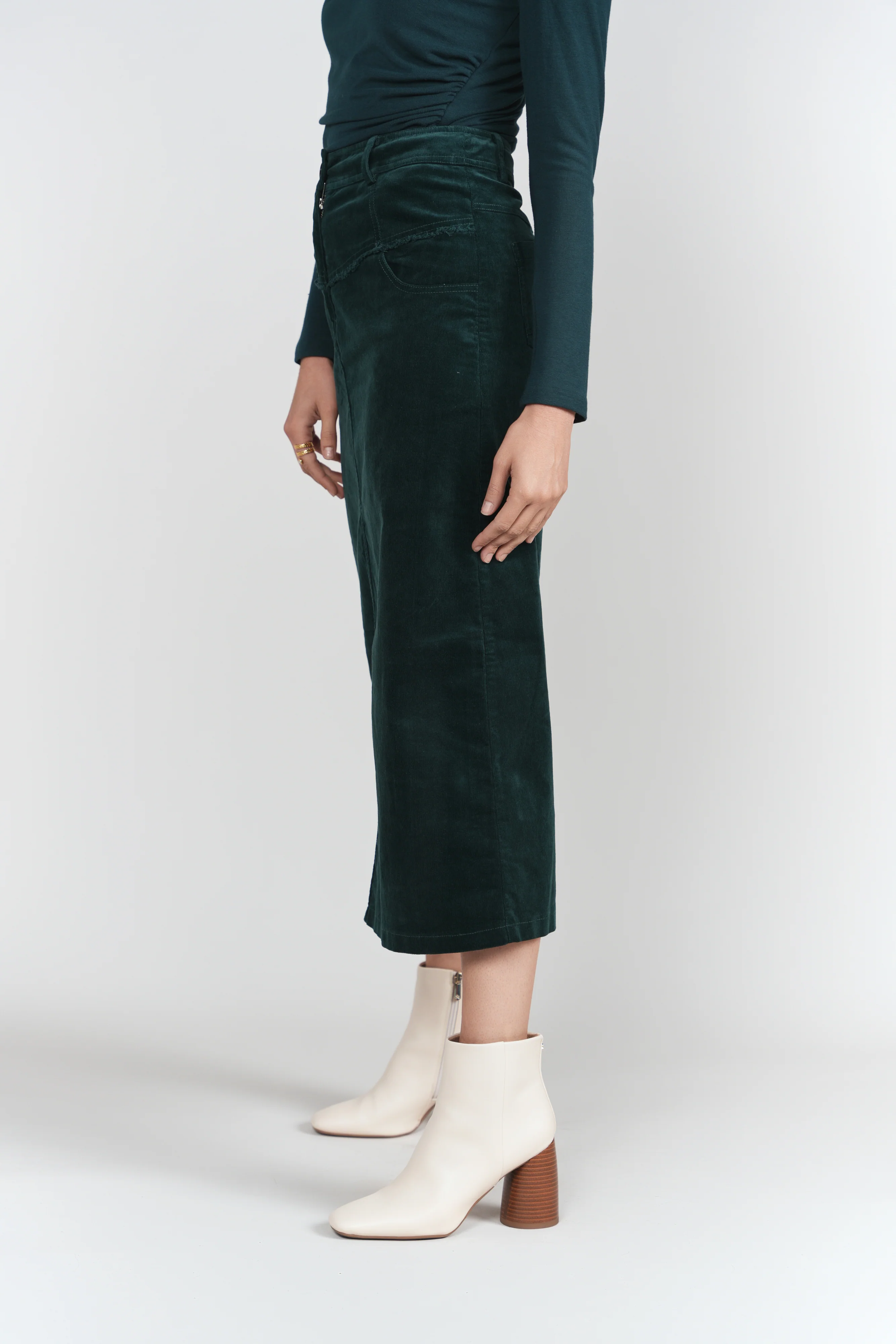 Fray Detail Corduroy Skirt- Emerald - Image 3