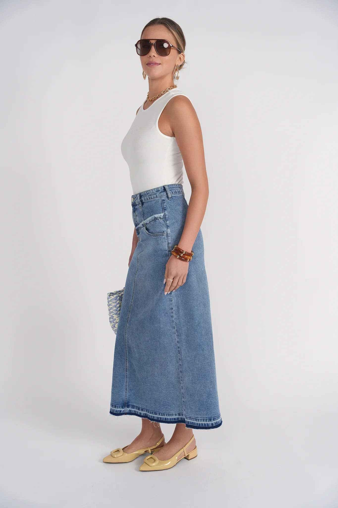 Fray Detail Denim Skirt- Light Wash Blue Denim - Image 3