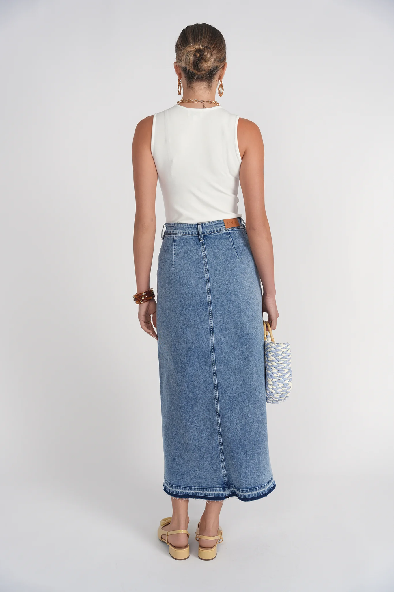 Fray Detail Denim Skirt- Light Wash Blue Denim - Image 4