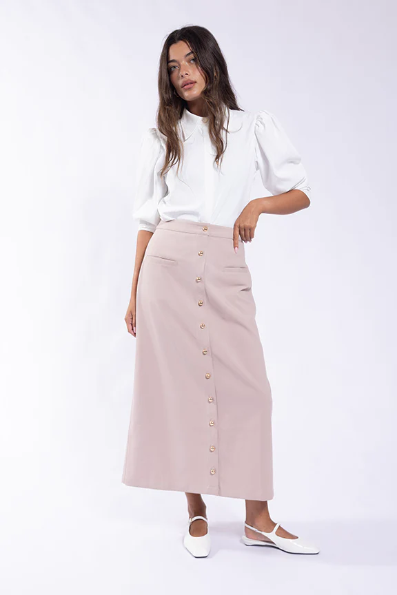 Gold Button Straight Skirt- Rose