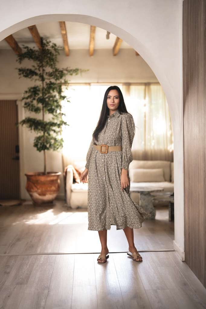Green Abstract Midi Dress w/ Belt - Image 4