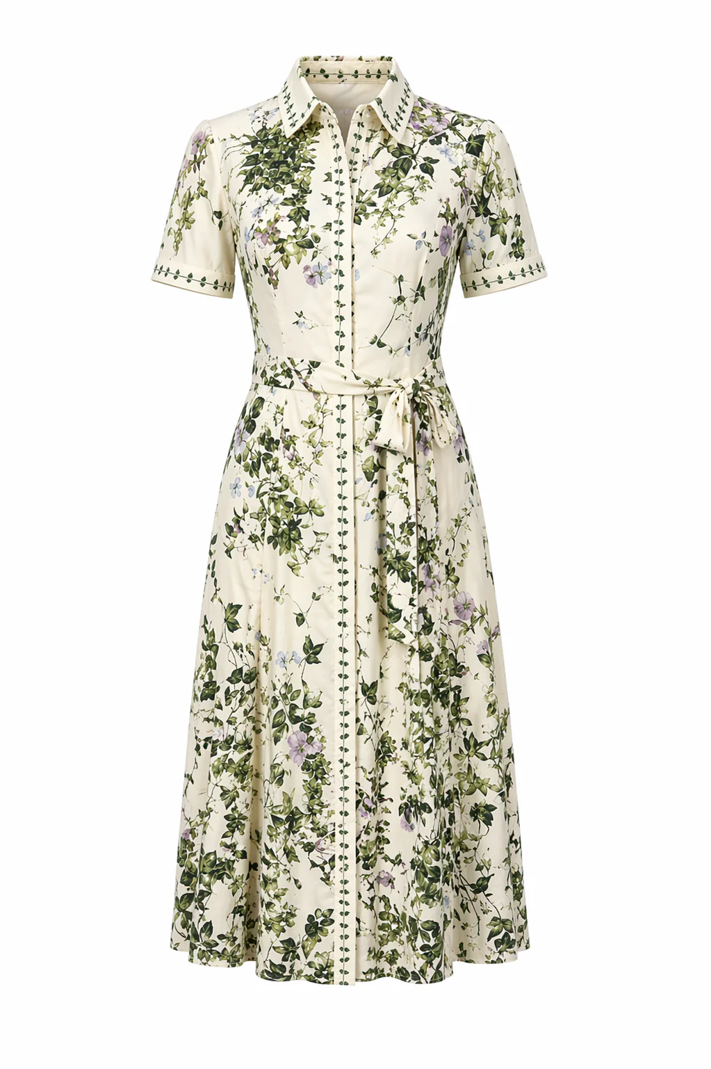 Ivory with Green Pink Ivy Print Dress
