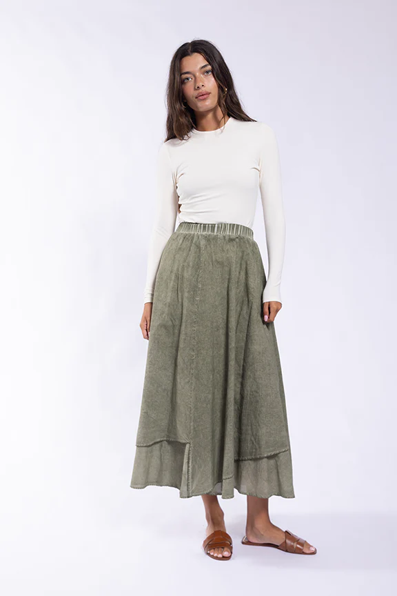 Layered Washed Flowy Skirt- Olive