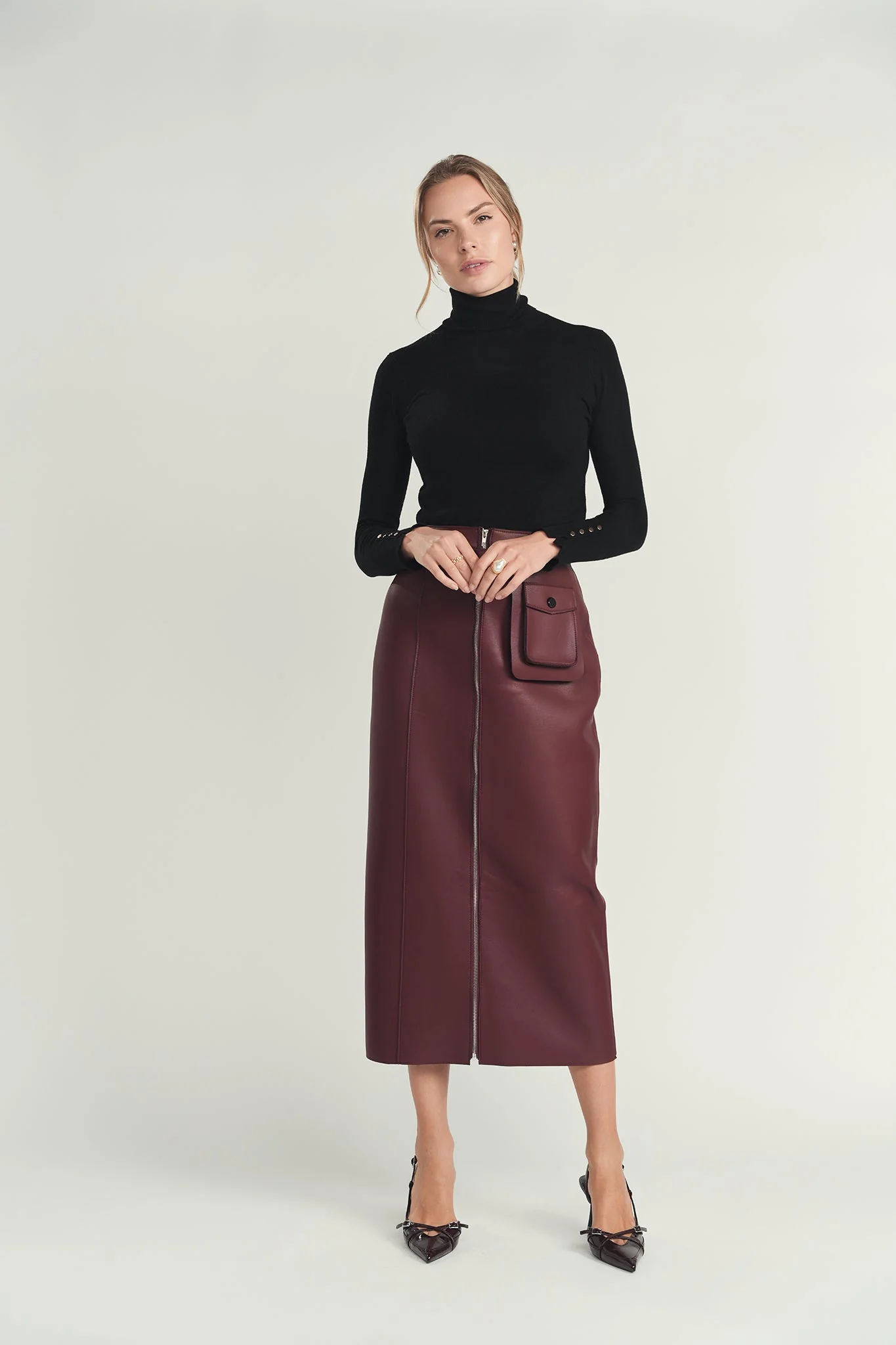Maroon Structured Leather Skirt - Image 3