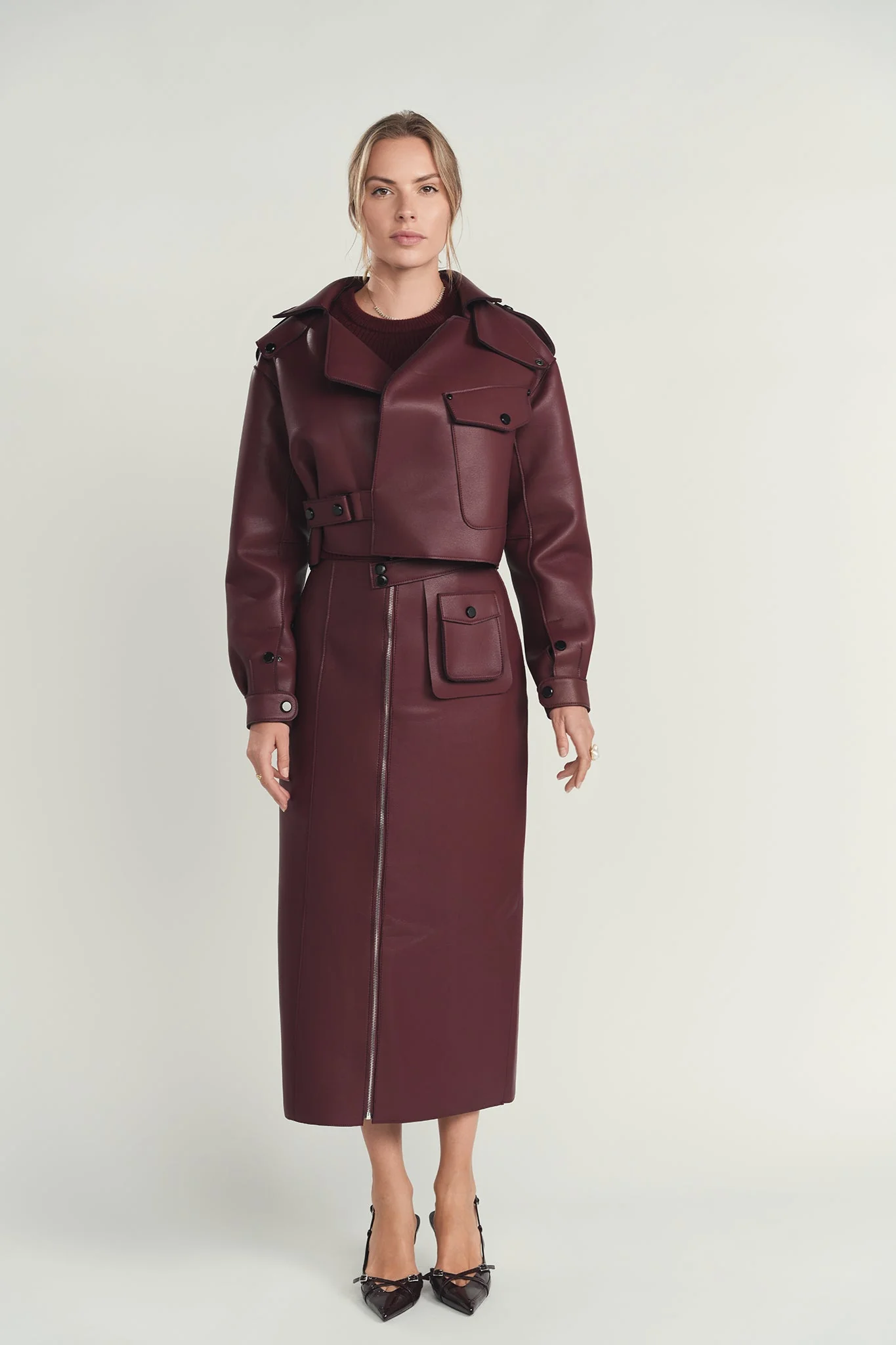Maroon Structured Leather Skirt - Image 4