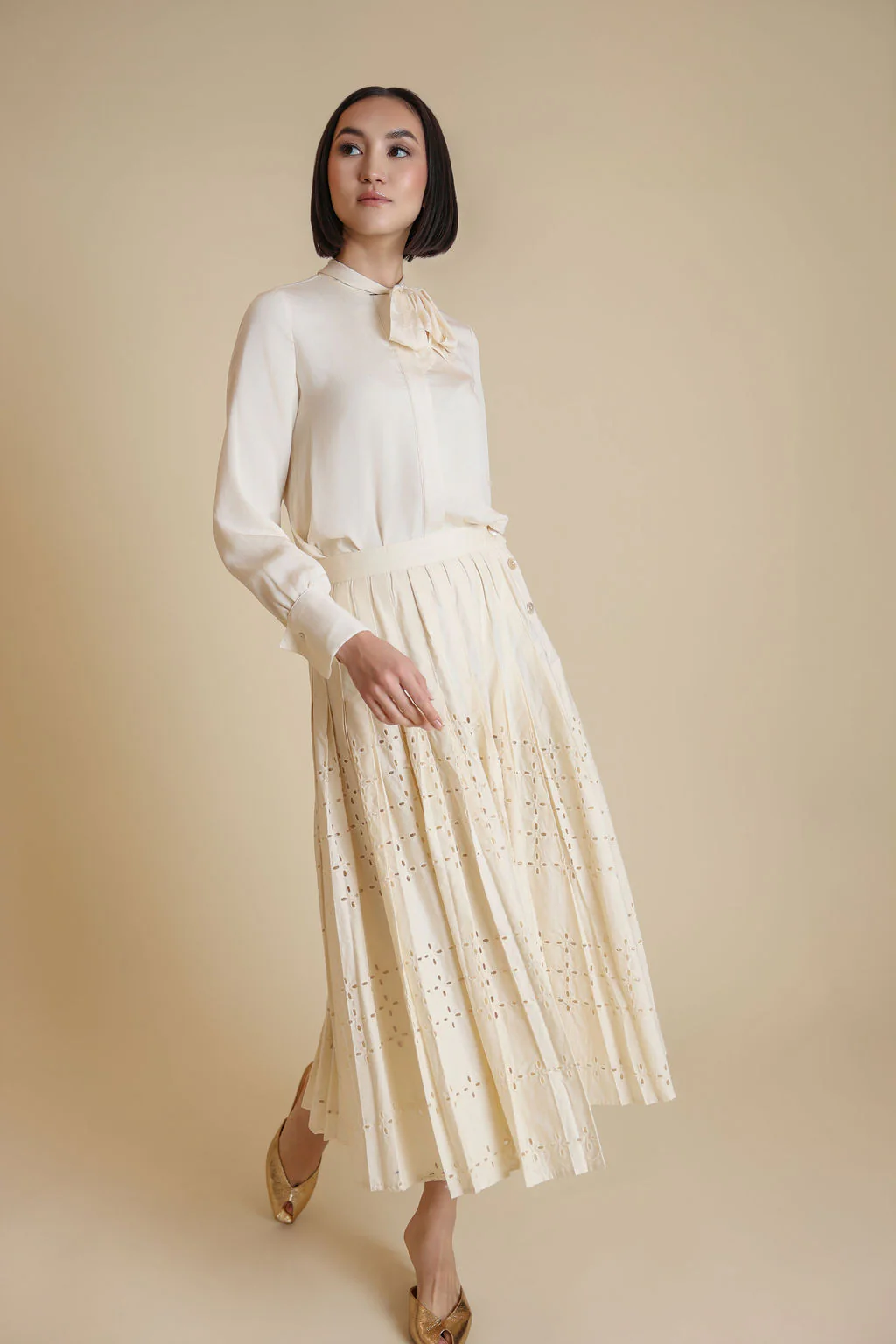 Neck Tie Blouse- Cream - Image 2
