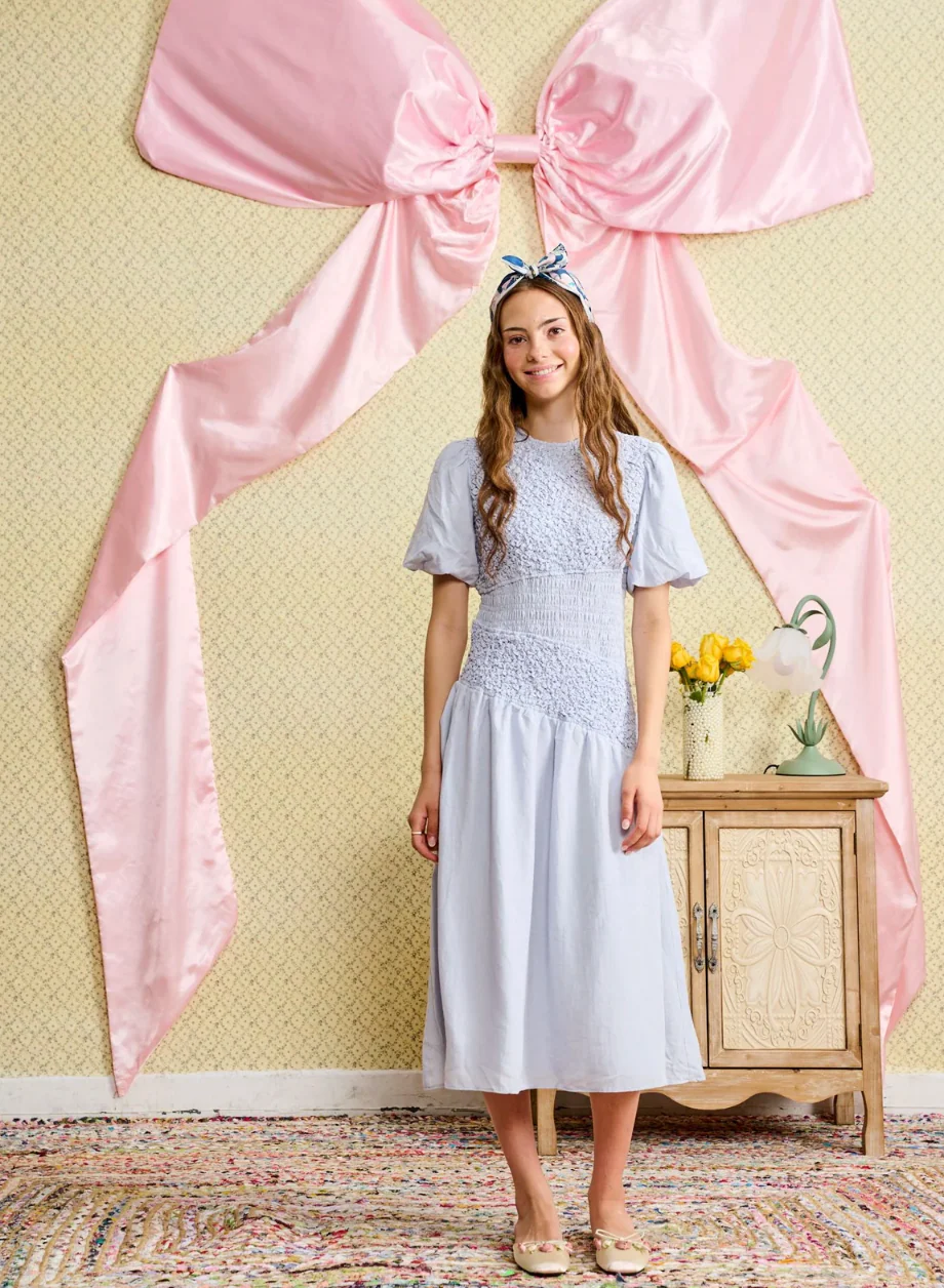 Pale Blue Dress with Shirred Asymmetrical Bodice