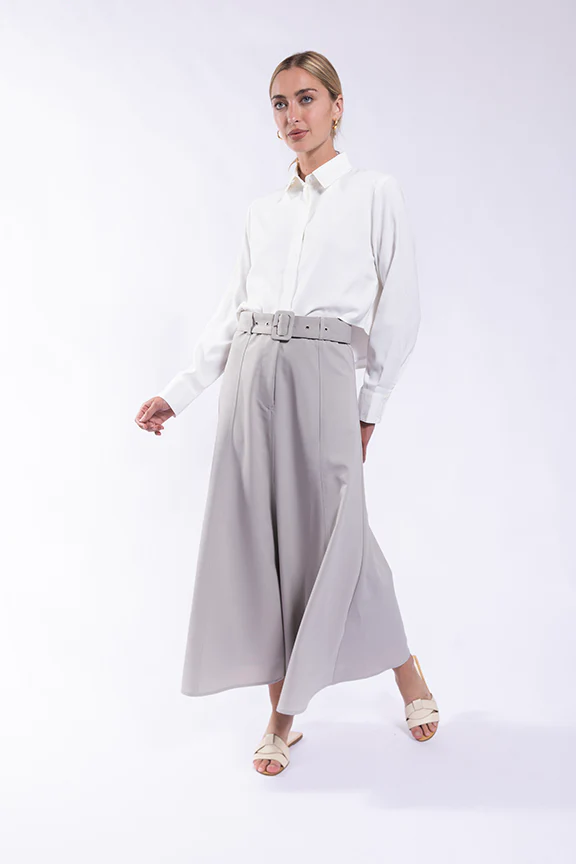 Paneled Belted Midi Skirt- Light Grey