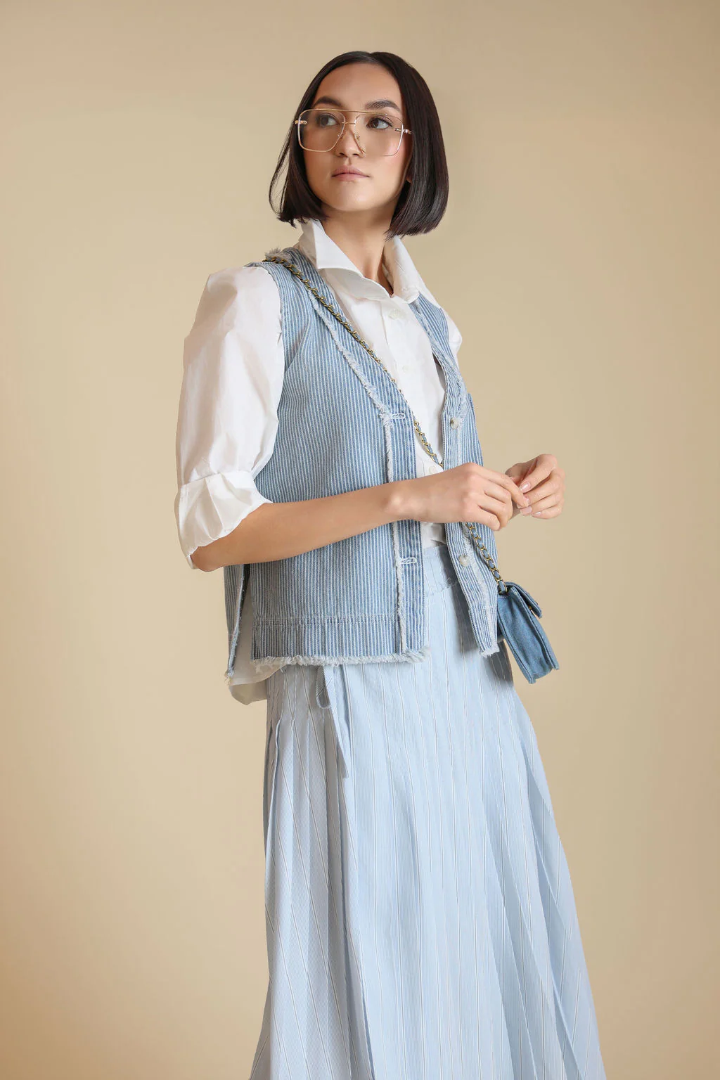 Patch Stripe Vest- Denim - Image 2