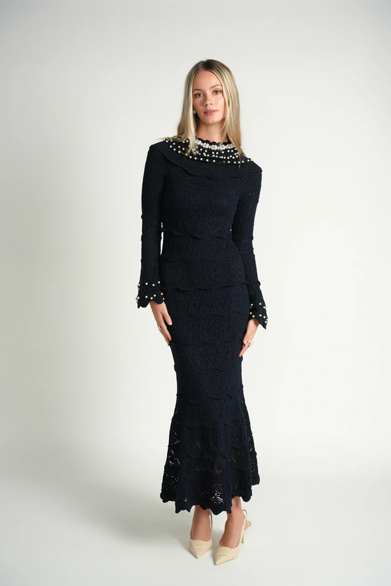 Pearl Knit Midi Dress- Navy - Image 3