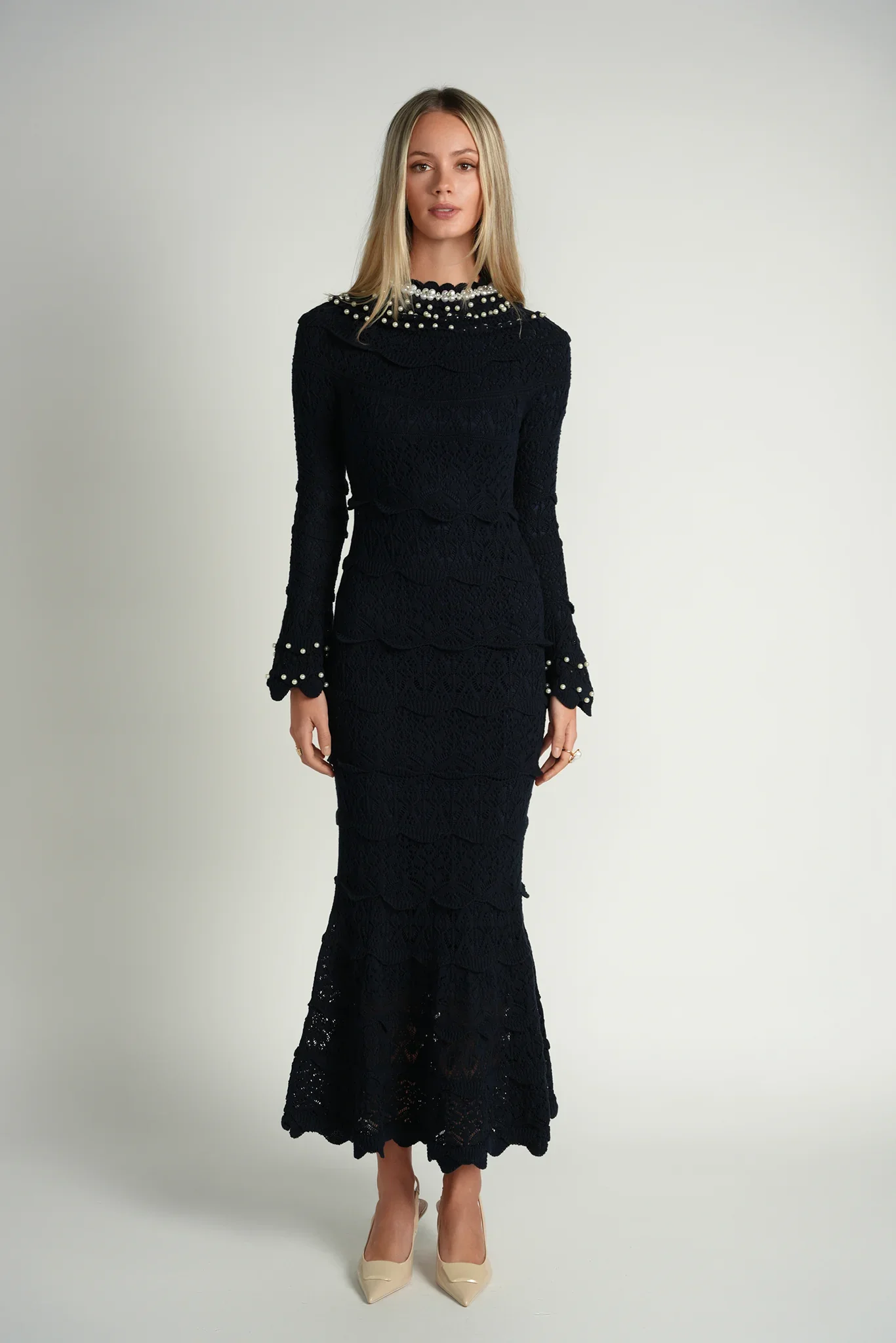 Pearl Knit Midi Dress- Navy - Image 4
