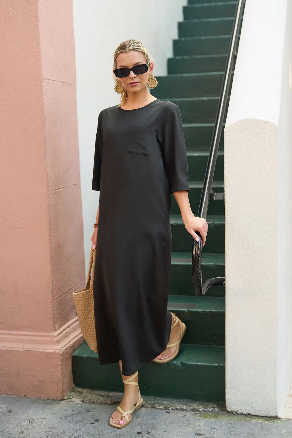 Tencel Pocket Midi Dress- Black