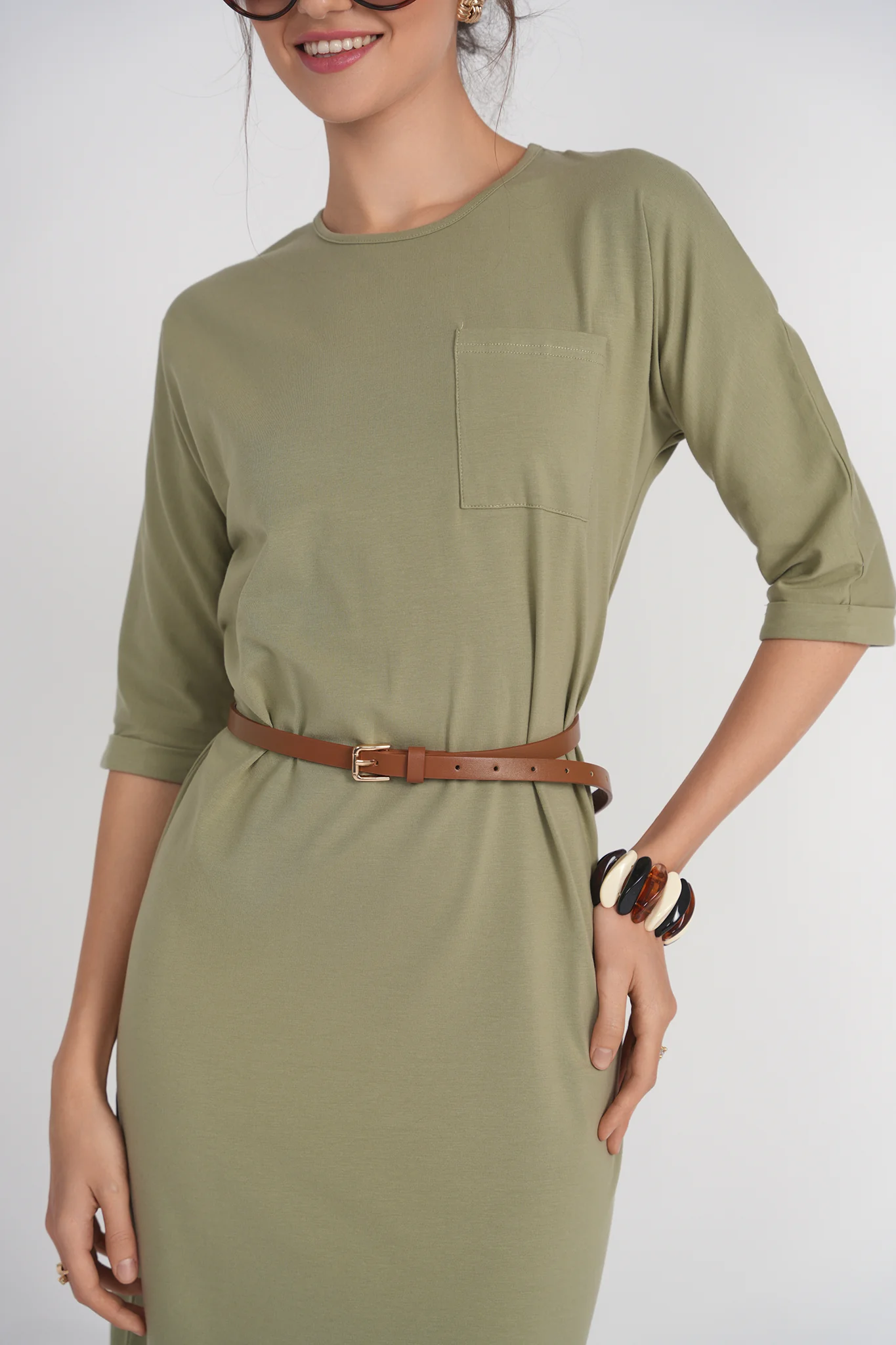 Pocket T-shirt Dress- Spanish Olive - Image 3