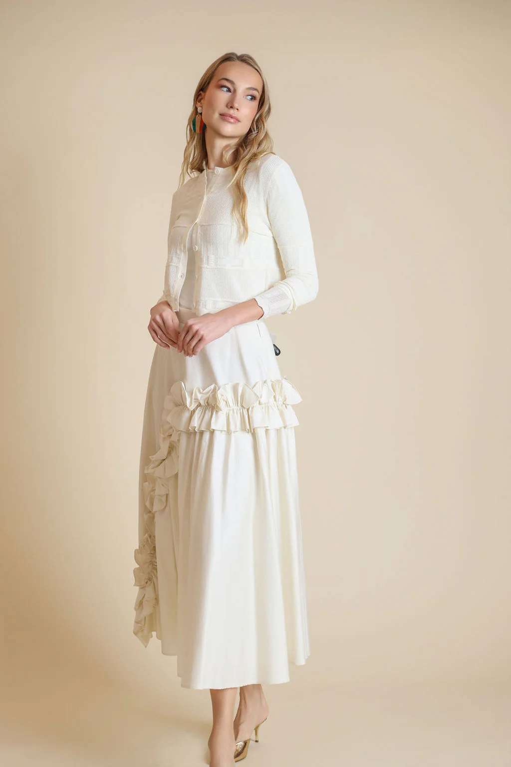 Poplin Detailed Double Belted Skirt- Cream - Image 2