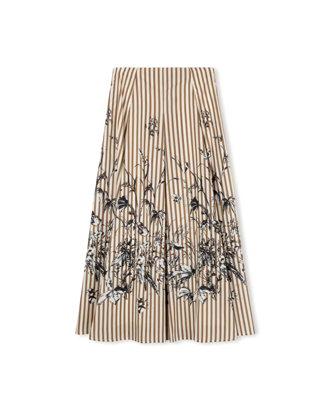 Poplin Stripe Floral Detail Maxi Skirt- Brown