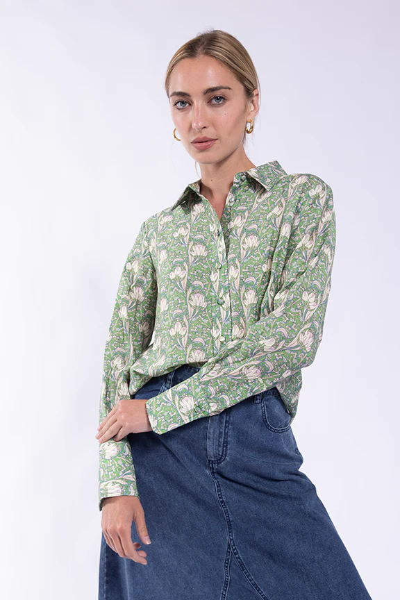 Printed Button Down Shirt- Green