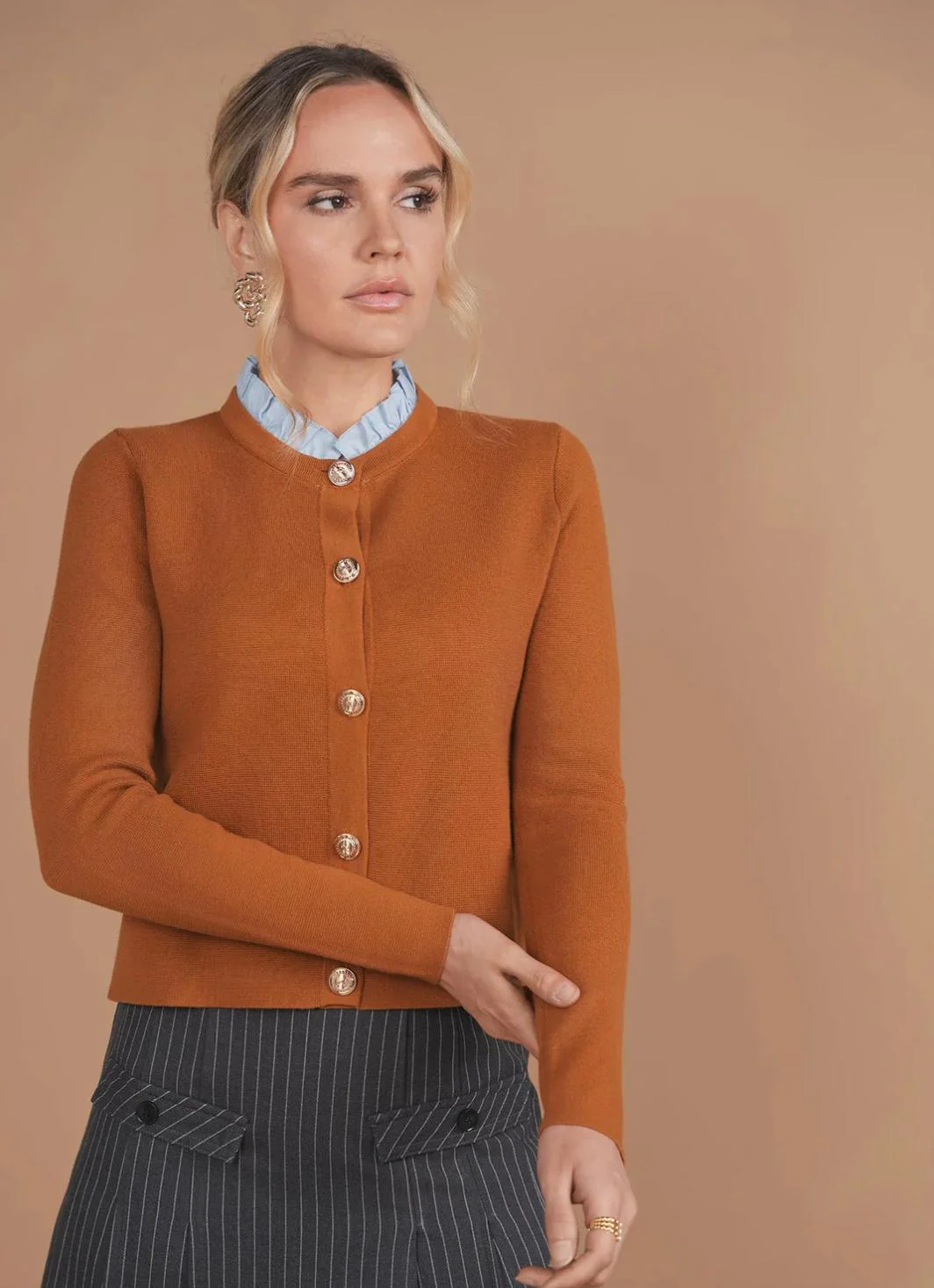 Ruffle Collar Sweater- Tan/Navy - Image 2
