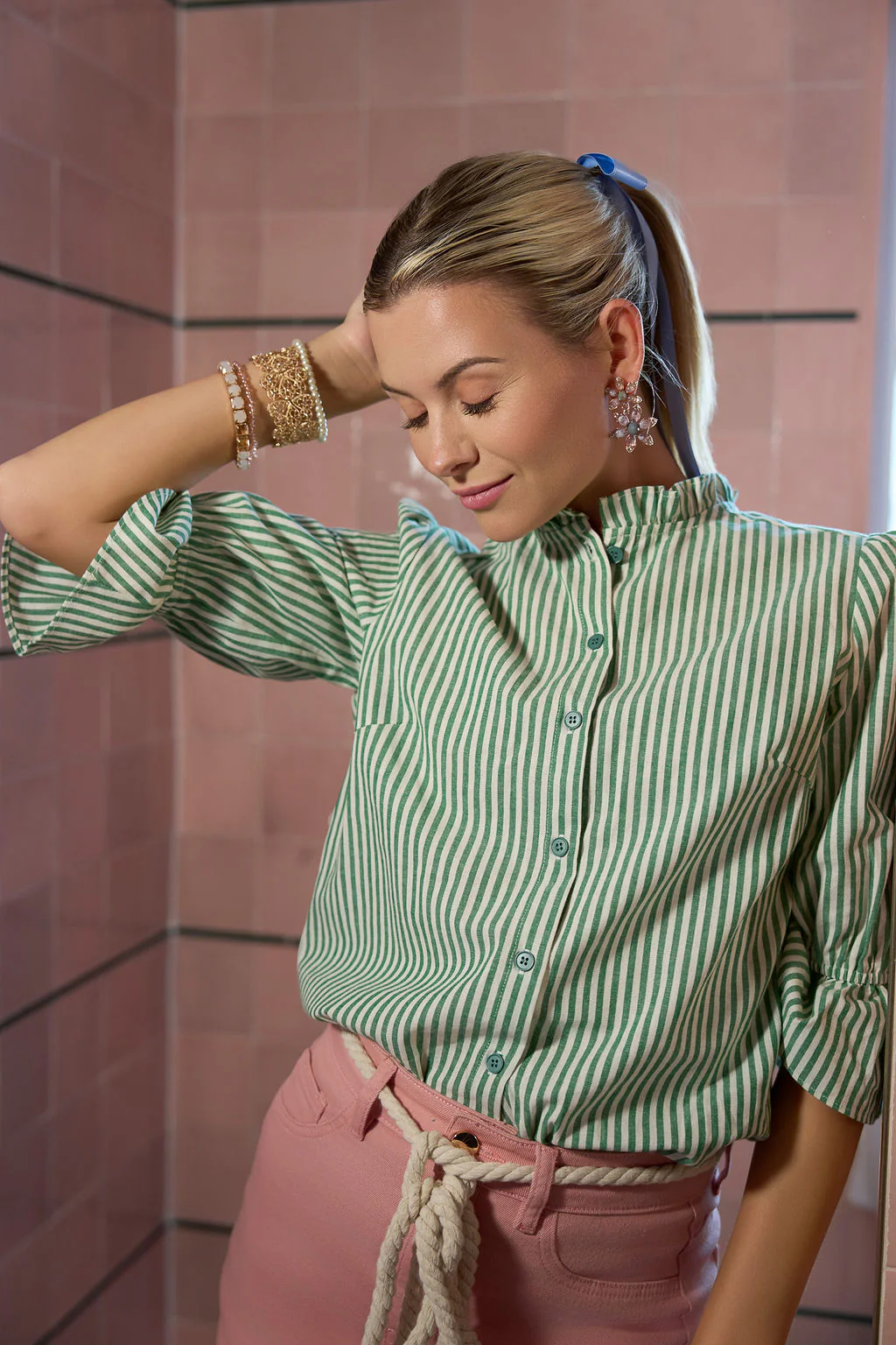 Ruffle Cuff Cotton Top- Green Stripes - Image 2