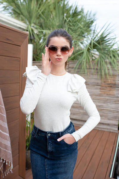 Ruffle-Shoulder Tee- Heather Gray - Image 3