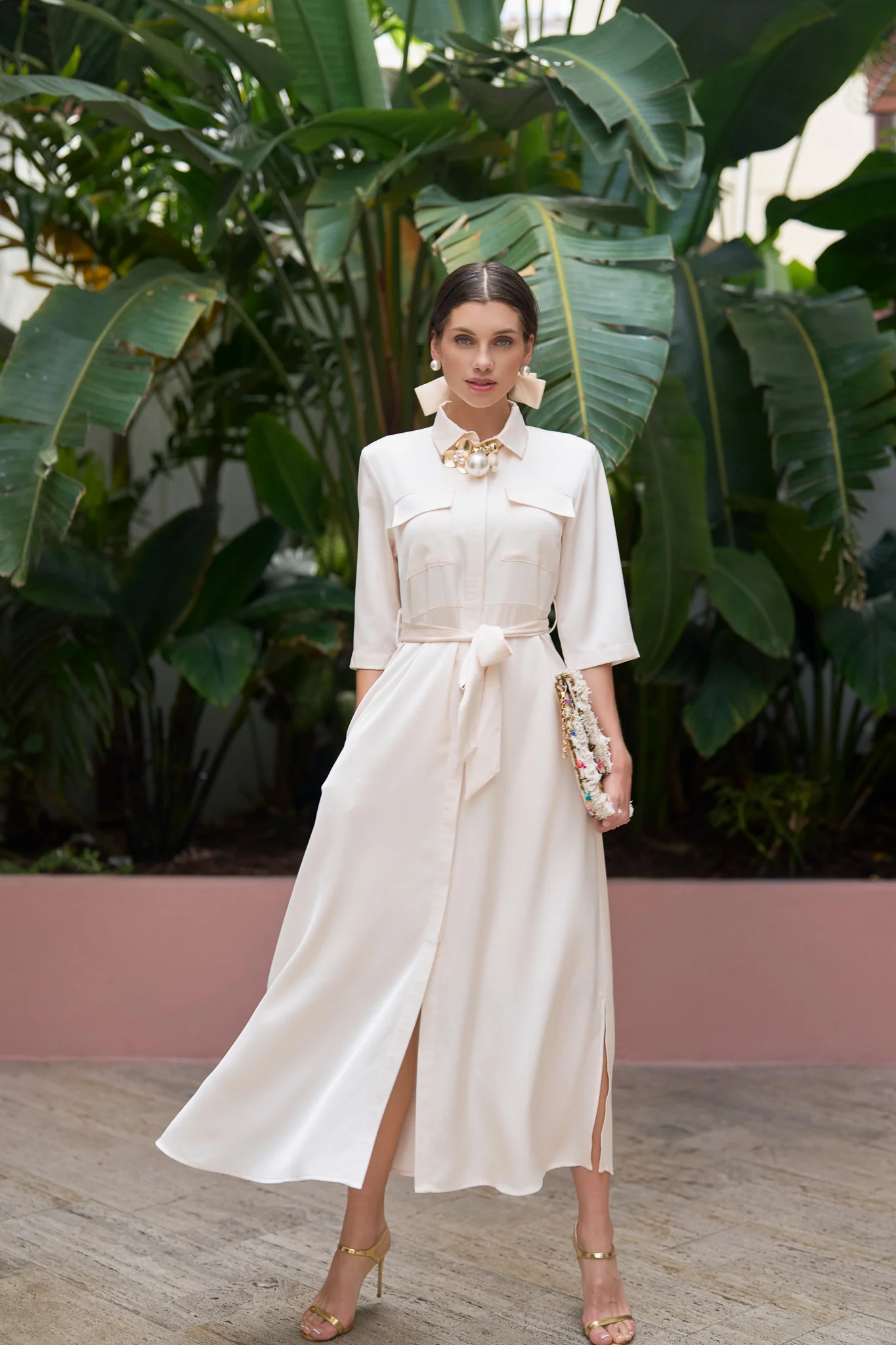 Satin Pocket Belted Dress- Cream - Image 2