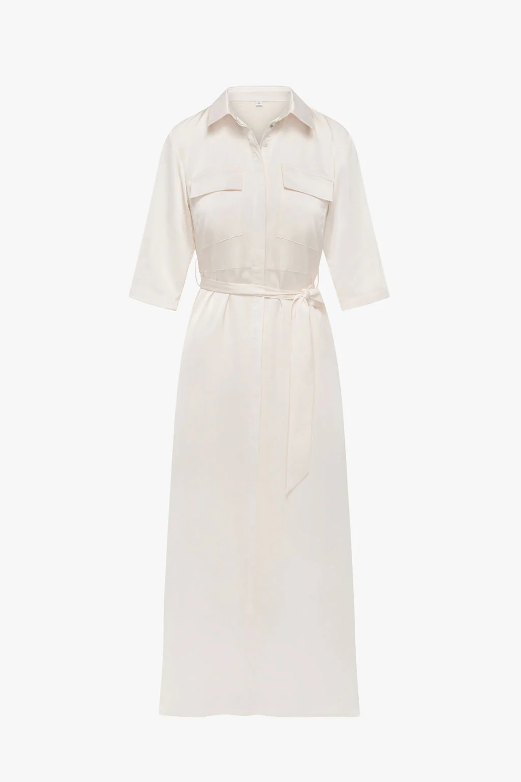 Satin Pocket Belted Dress- Cream - Image 4