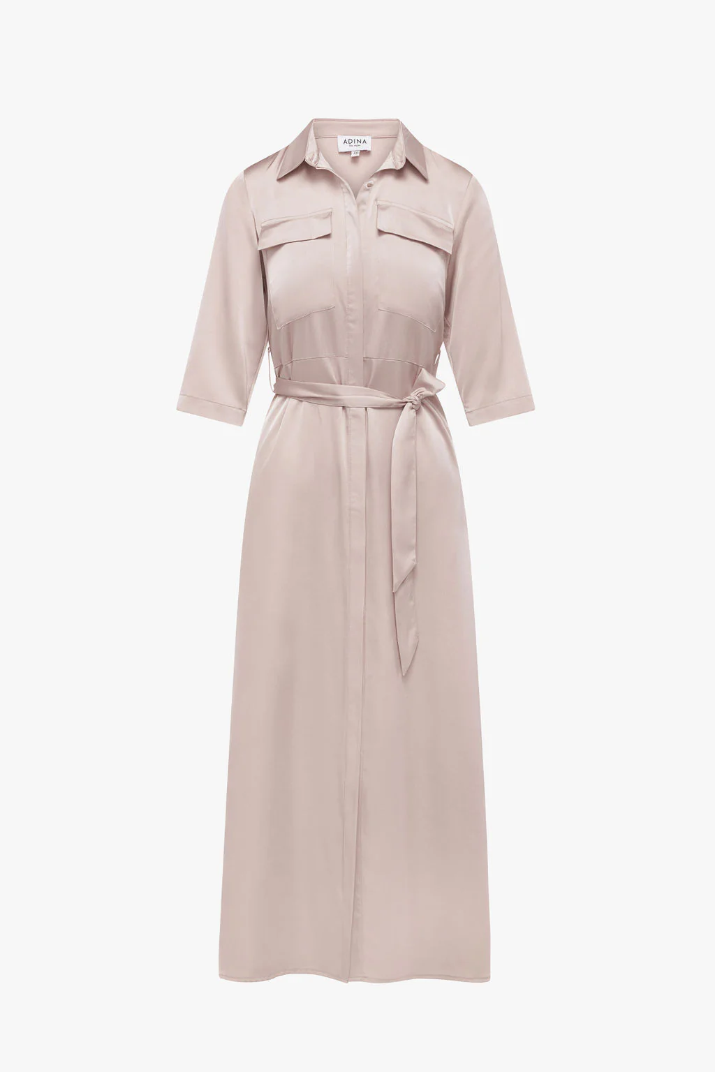 Satin Pocket Belted Dress- Pink - Image 4