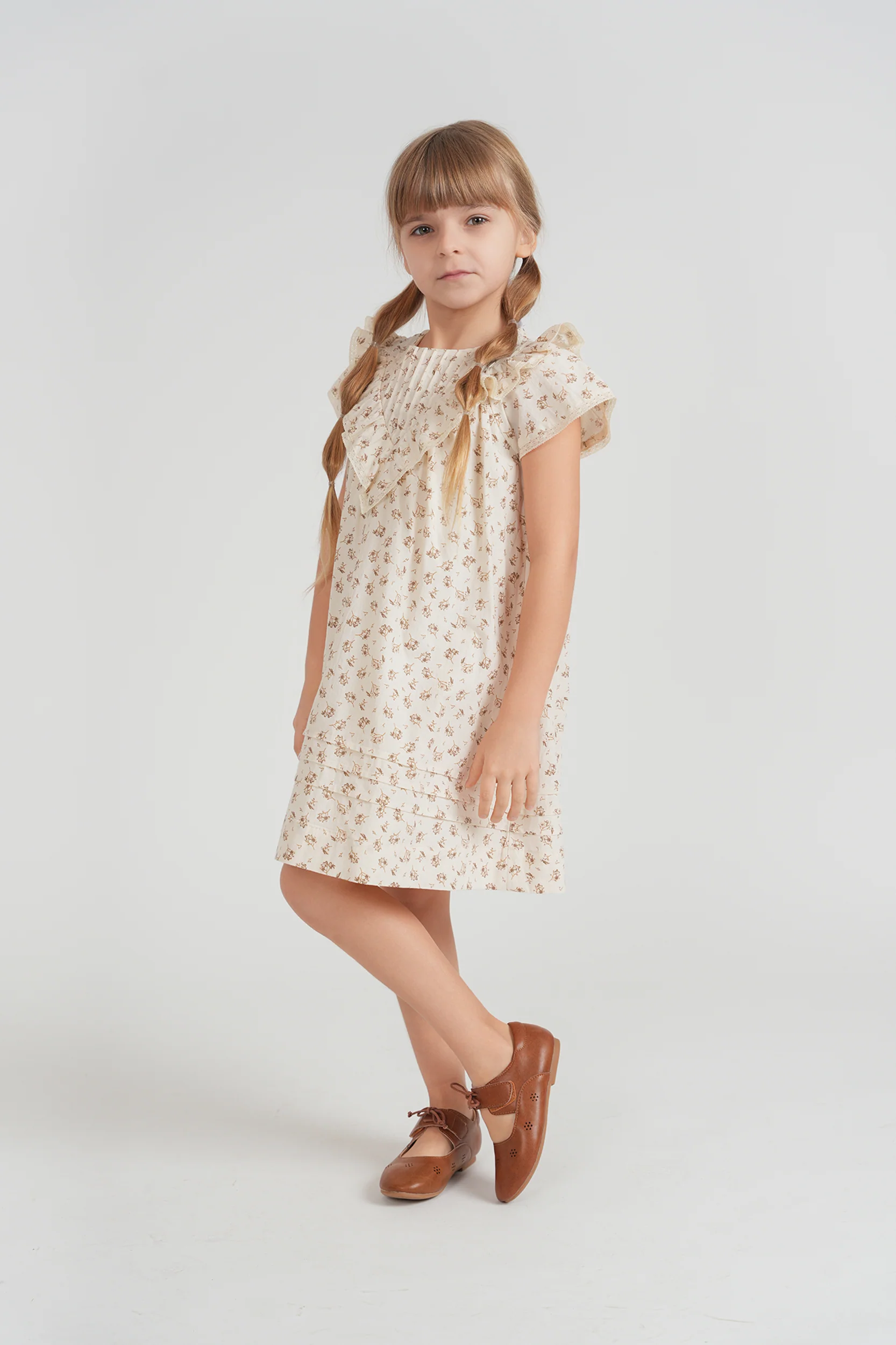 Girls Jumper Dress With V Shape Yokes- Cocoa