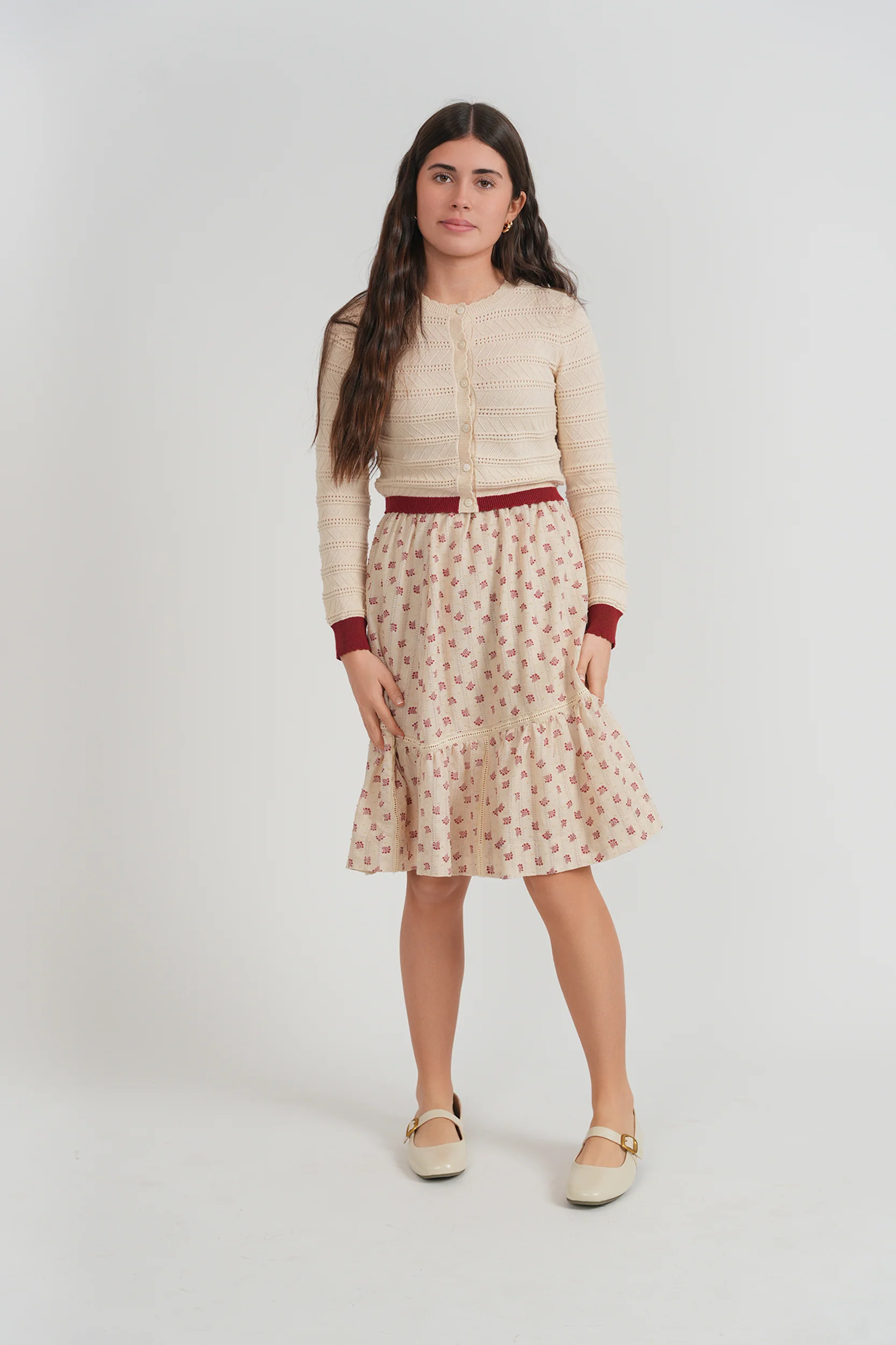 Girls Floral Print 2pc Set with Cardigan- Burgundy