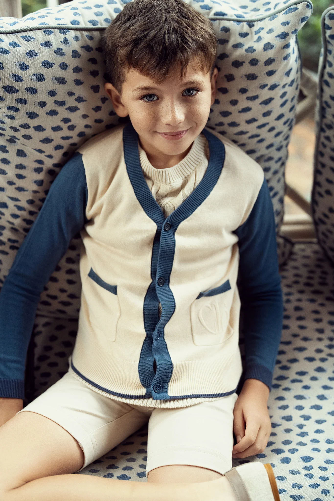 Boys Cardigan- Natural/Blue