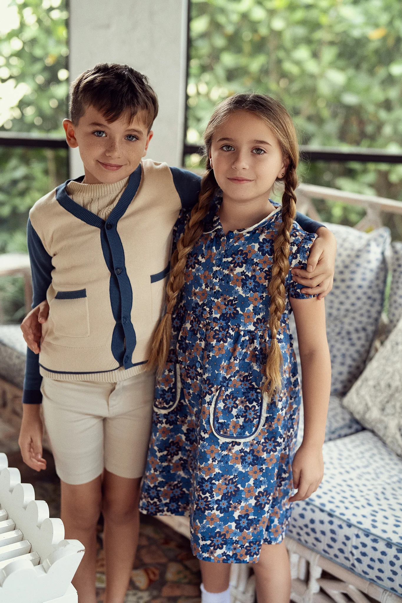 Boys Cardigan- Natural/Blue - Image 2