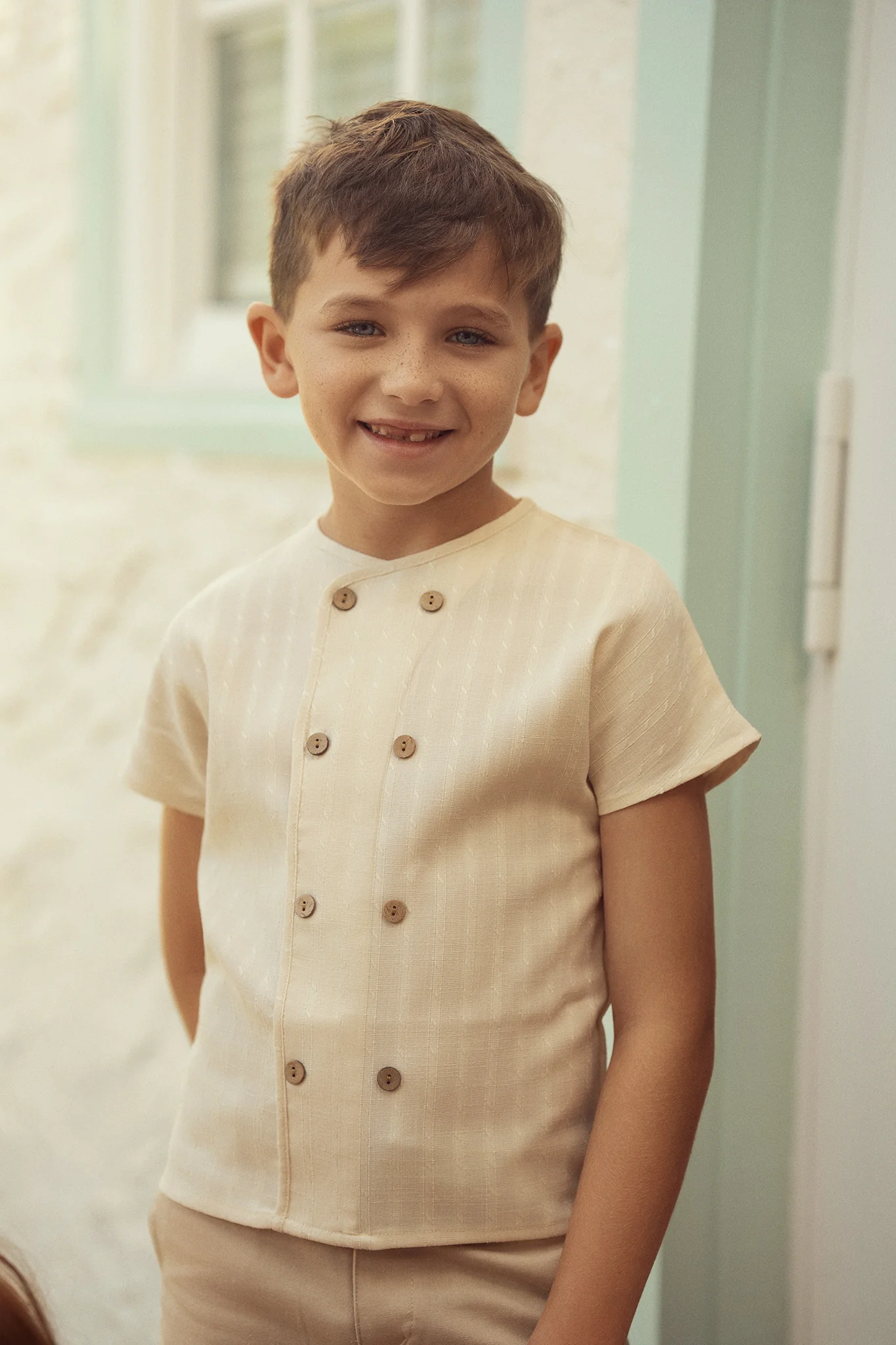 Boys Textured Linen Button Down Shirt- Ivory - Image 2