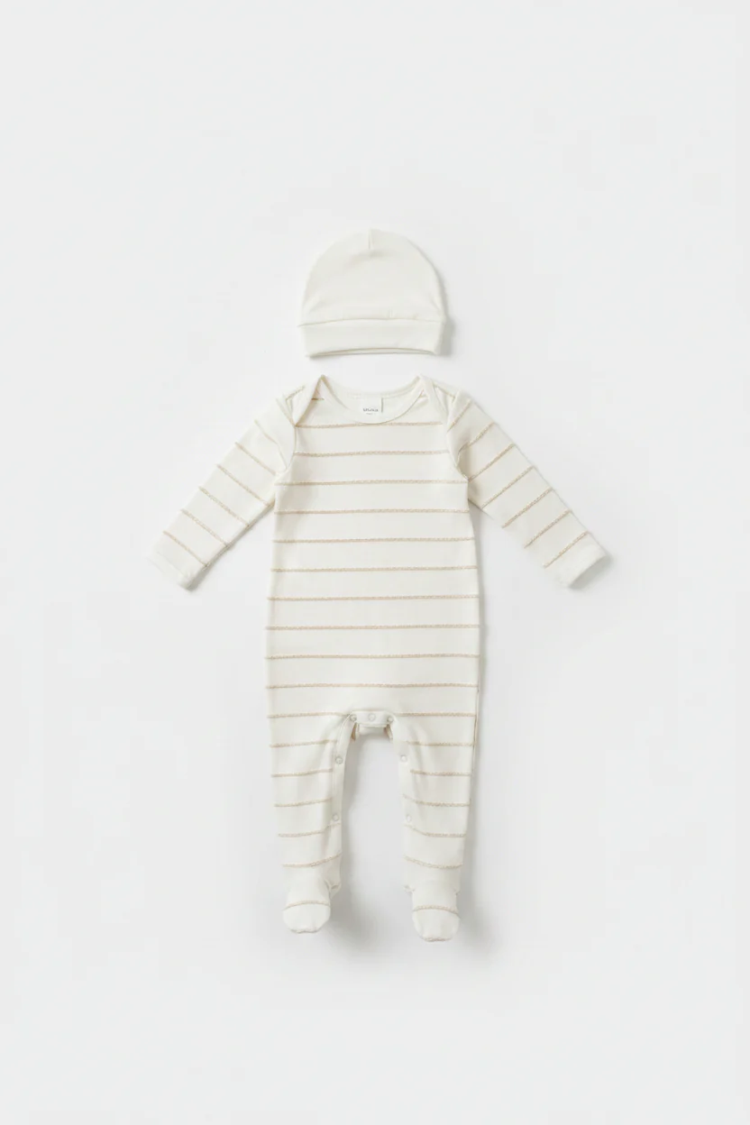 Baby Raised Striped Onesie- Beige