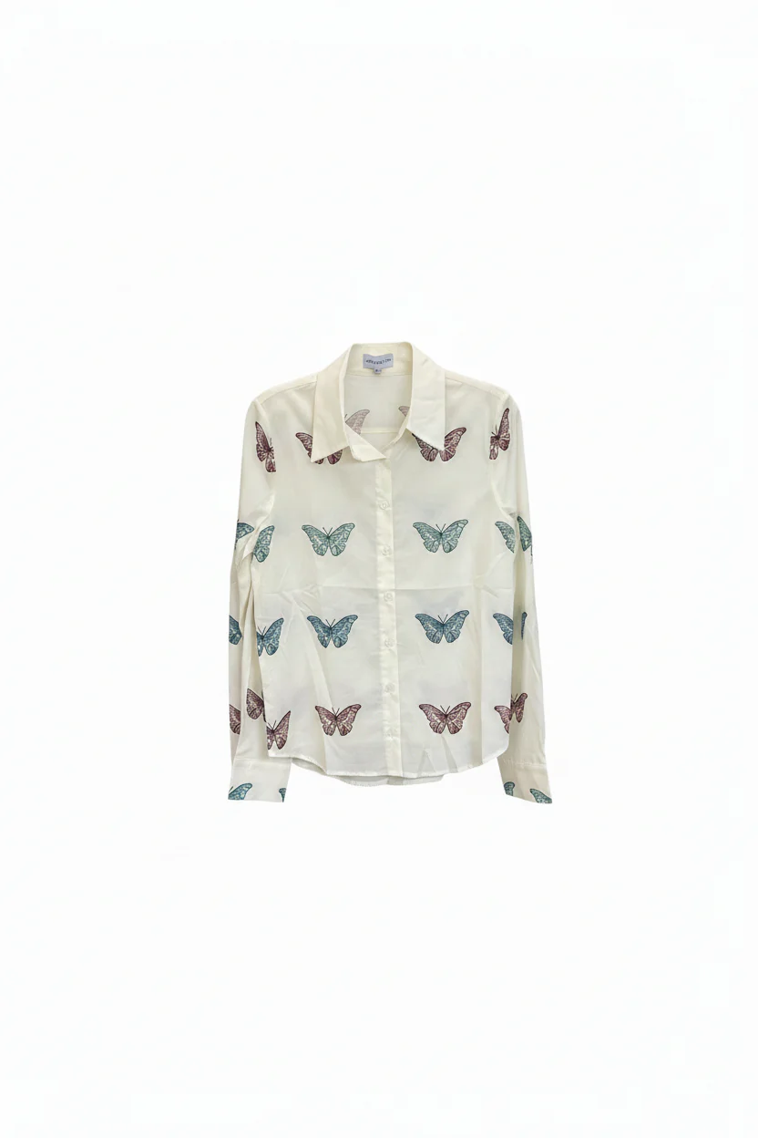 Sheer Shiny Button-Down Top with Butterfly Print