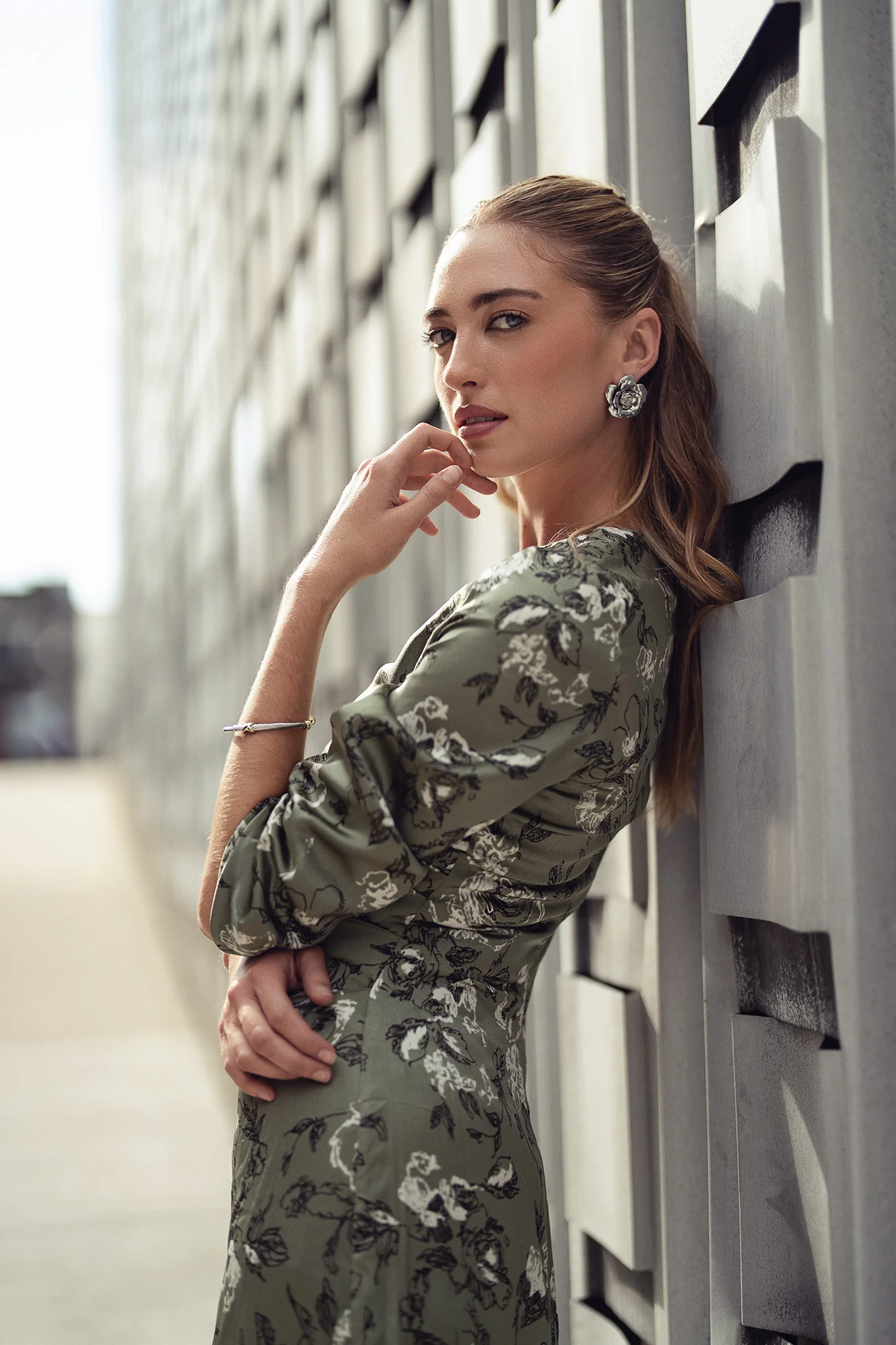 Side Ruched Dress- Soft Olive and Roses - Image 2