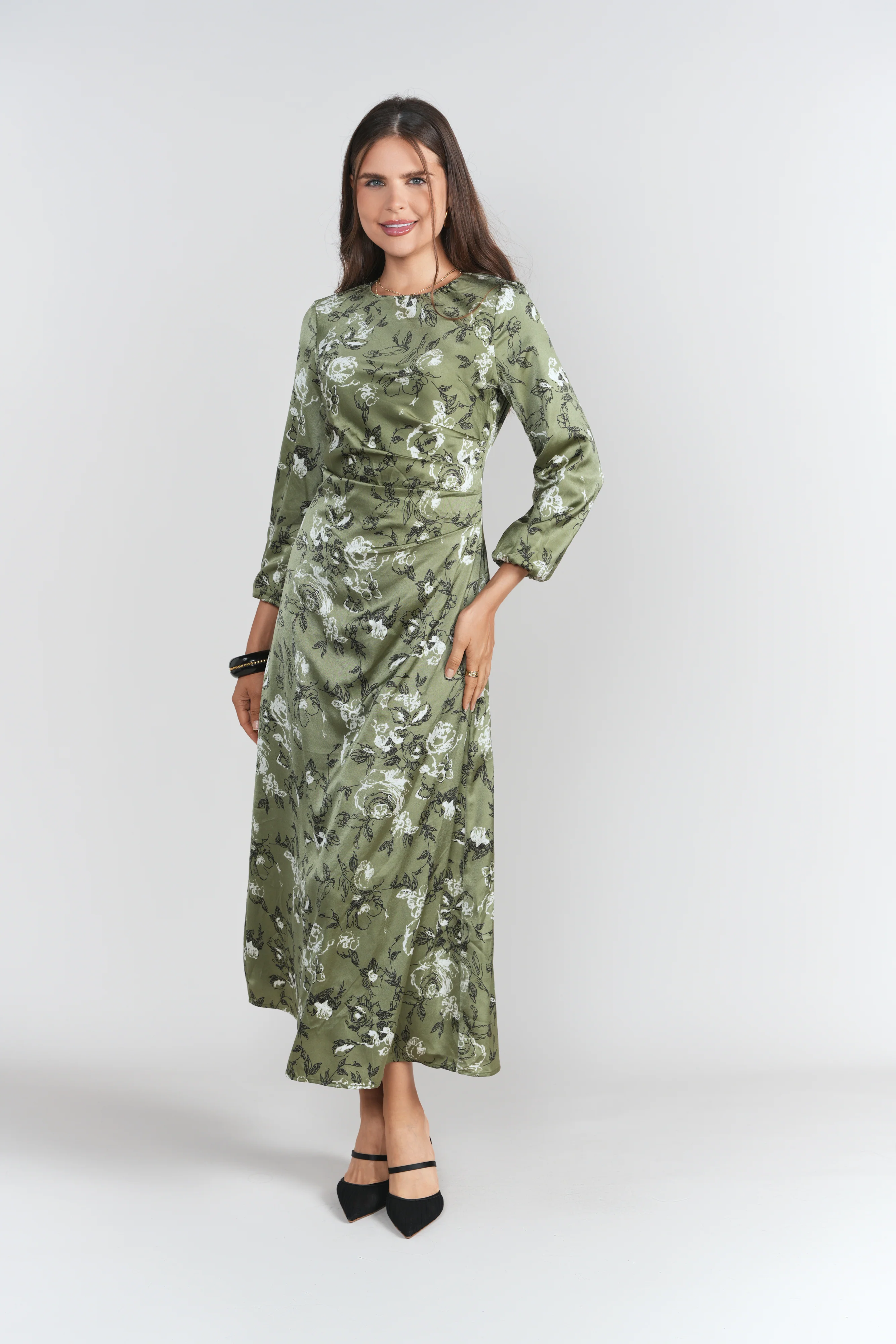 Side Ruched Dress- Soft Olive and Roses - Image 3